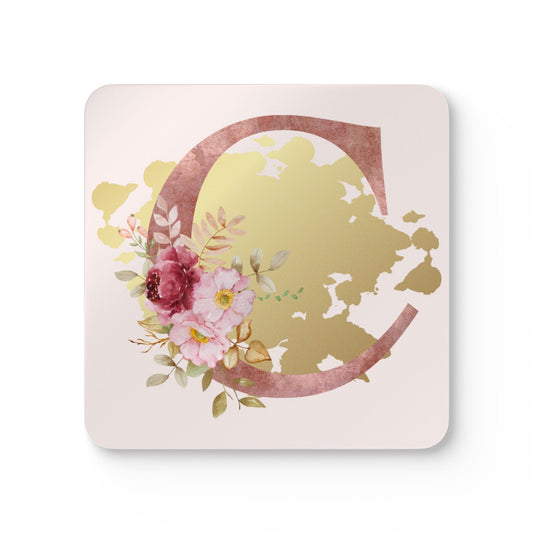 Coaster Set of 4 - Letter "C" Initial Pink Flower Gold Splash