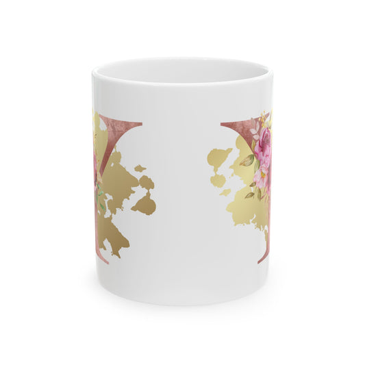 Ceramic Mug, (11oz) - Letter "Y" Initial Pink Flower Gold Splash