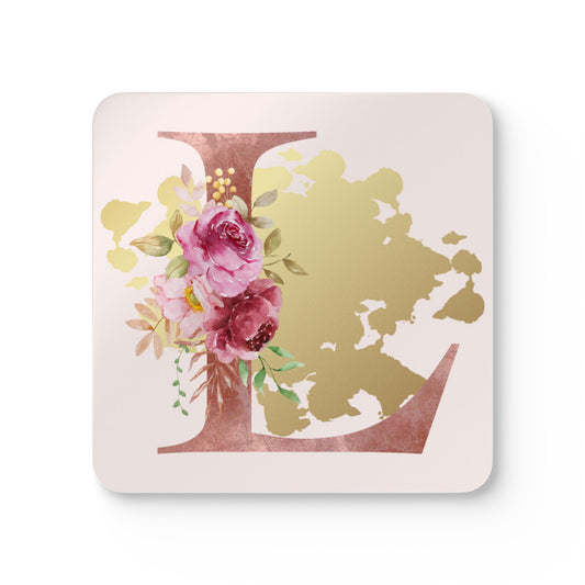 Coaster Set of 4 - Letter "L" Initial Pink Flower Gold Splash