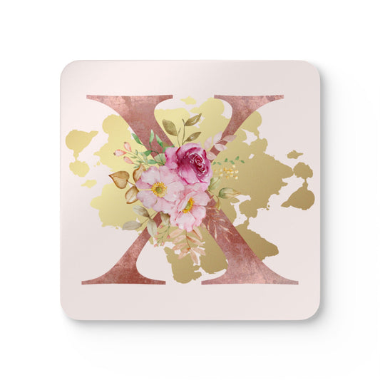 Coaster Set of 4 - Letter "X" Initial Pink Flower Gold Splash