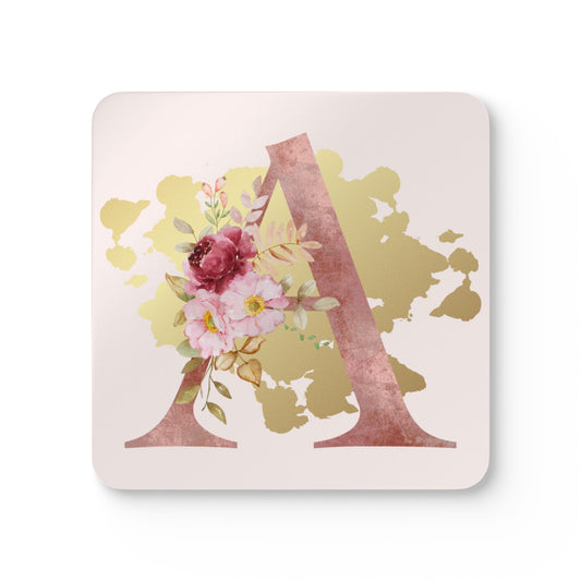 Coaster Set of 4 - Letter "A" Initial Pink Flower Gold Splash