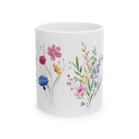 Watercolor Vibrant Flowers Ceramic Mug, (11oz)