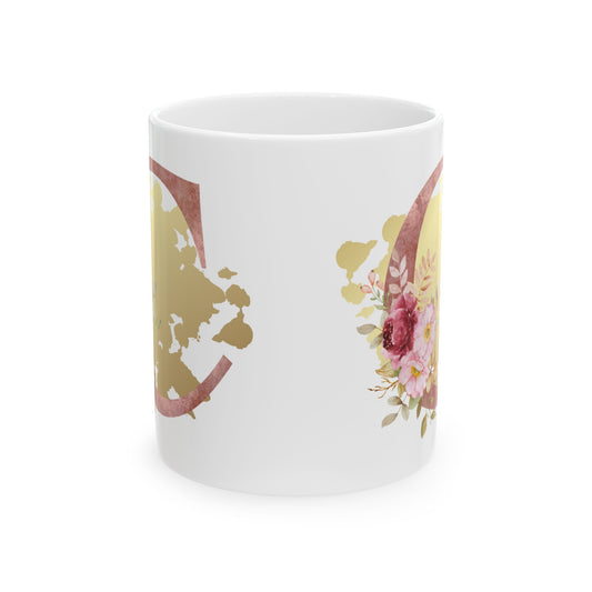 Ceramic Mug, (11oz) - Letter "C" Initial Pink Flower Gold Splash