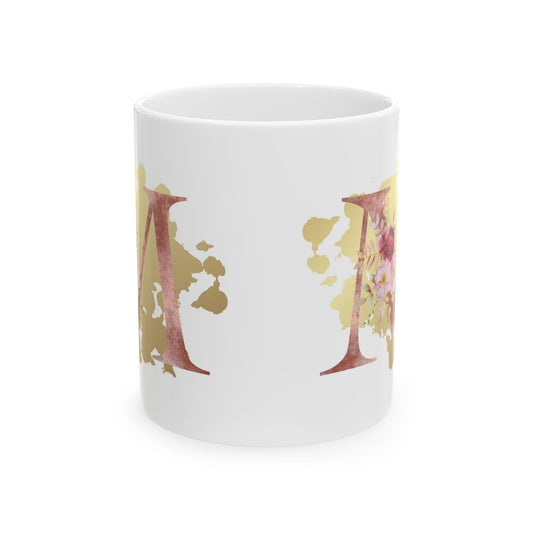 Ceramic Mug, (11oz) - Letter "M" Initial Pink Flower Gold Splash