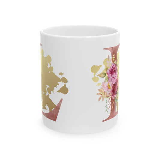 Ceramic Mug, (11oz) - Letter "L" Initial Pink Flower Gold Splash