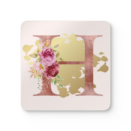 Coaster Set of 4 - Letter "H" Initial Pink Flower Gold Splash