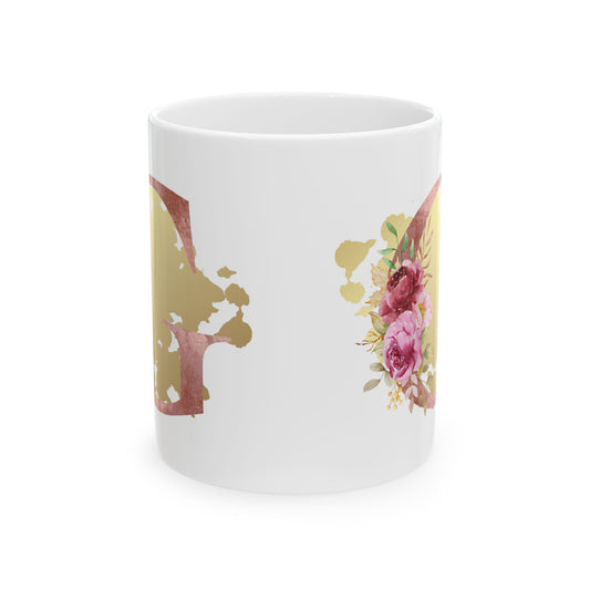 Ceramic Mug, (11oz) - Letter "G" Initial Pink Flower Gold Splash