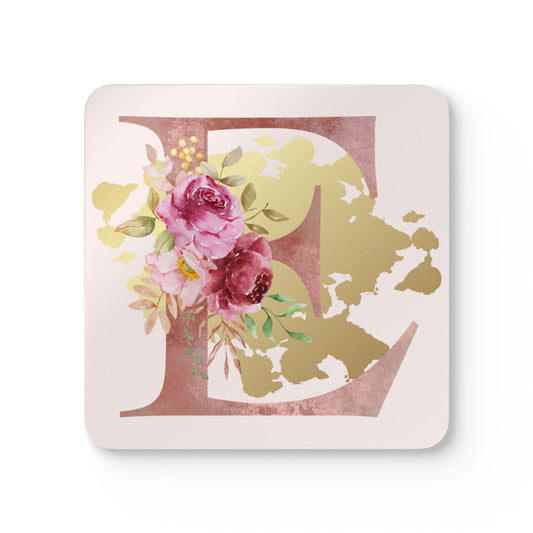 Coaster Set of 4 - Letter "E" Initial Pink Flower Gold Splash