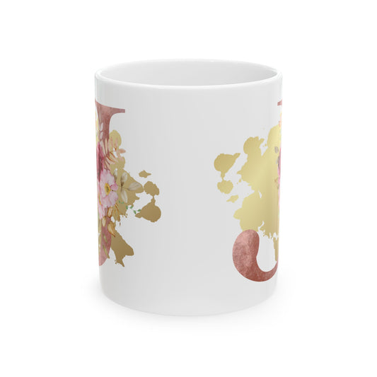Ceramic Mug, (11oz) - Letter "J" Initial Pink Flower Gold Splash