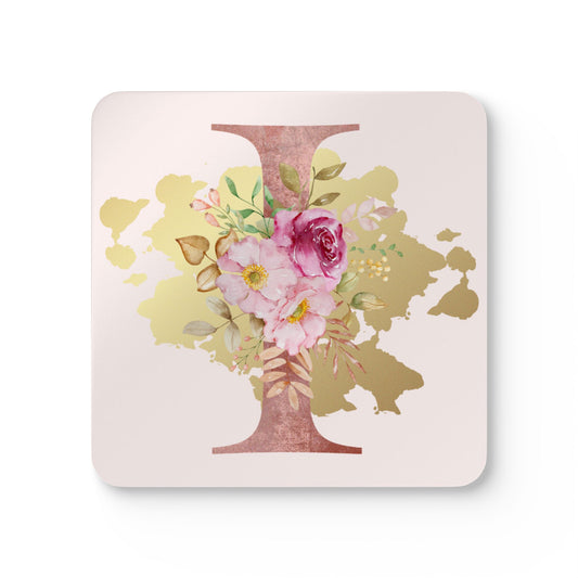 Coaster Set of 4 - Letter "I" Initial Pink Flower Gold Splash