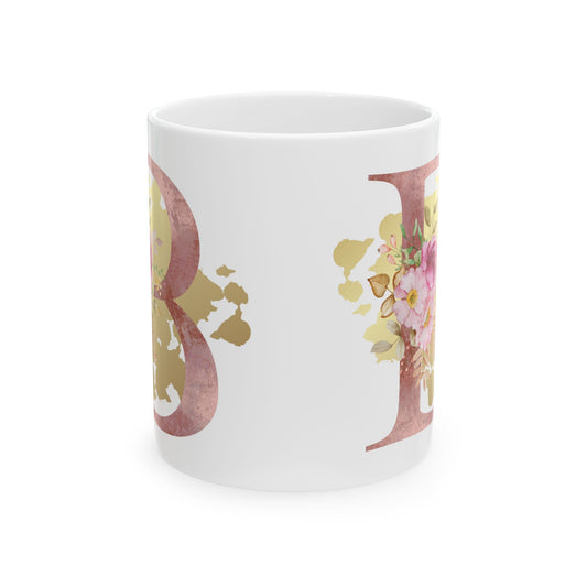 Ceramic Mug, (11oz) - Letter "B" Initial Pink Flower Gold Splash