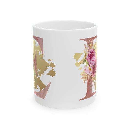 Ceramic Mug, (11oz) - Letter "E" Initial Pink Flower Gold Splash