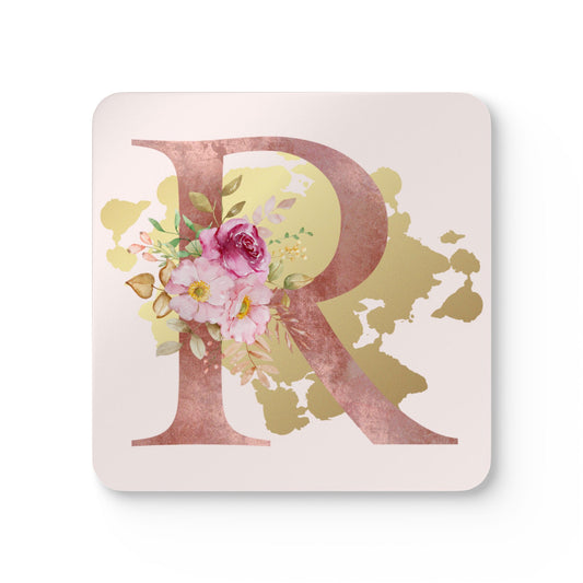 Coaster Set of 4 - Letter "R" Initial Pink Flower Gold Splash