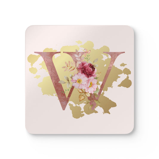 Coaster Set of 4 - Letter "W" Initial Pink Flower Gold Splash