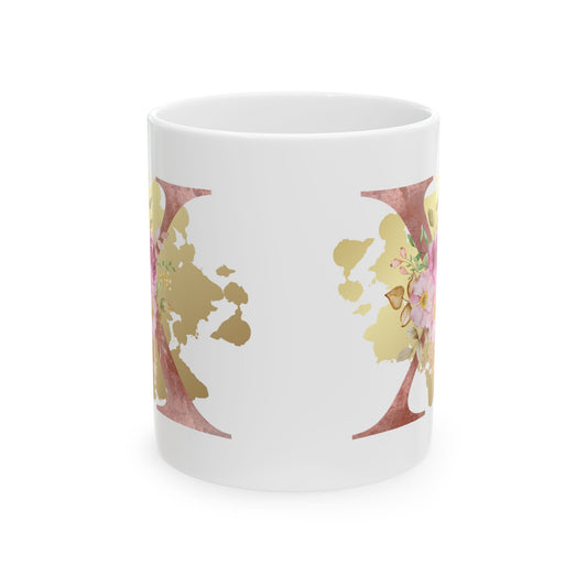 Ceramic Mug, (11oz) - Letter "X" Initial Pink Flower Gold Splash