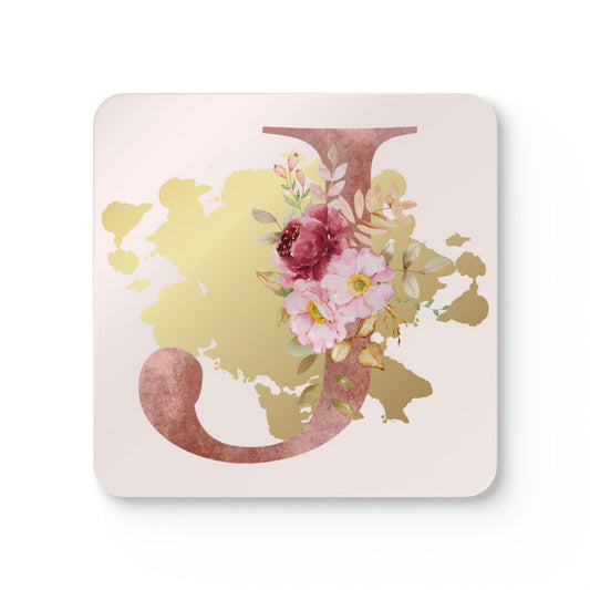 Coaster Set of 4 - Letter "J" Initial Pink Flower Gold Splash