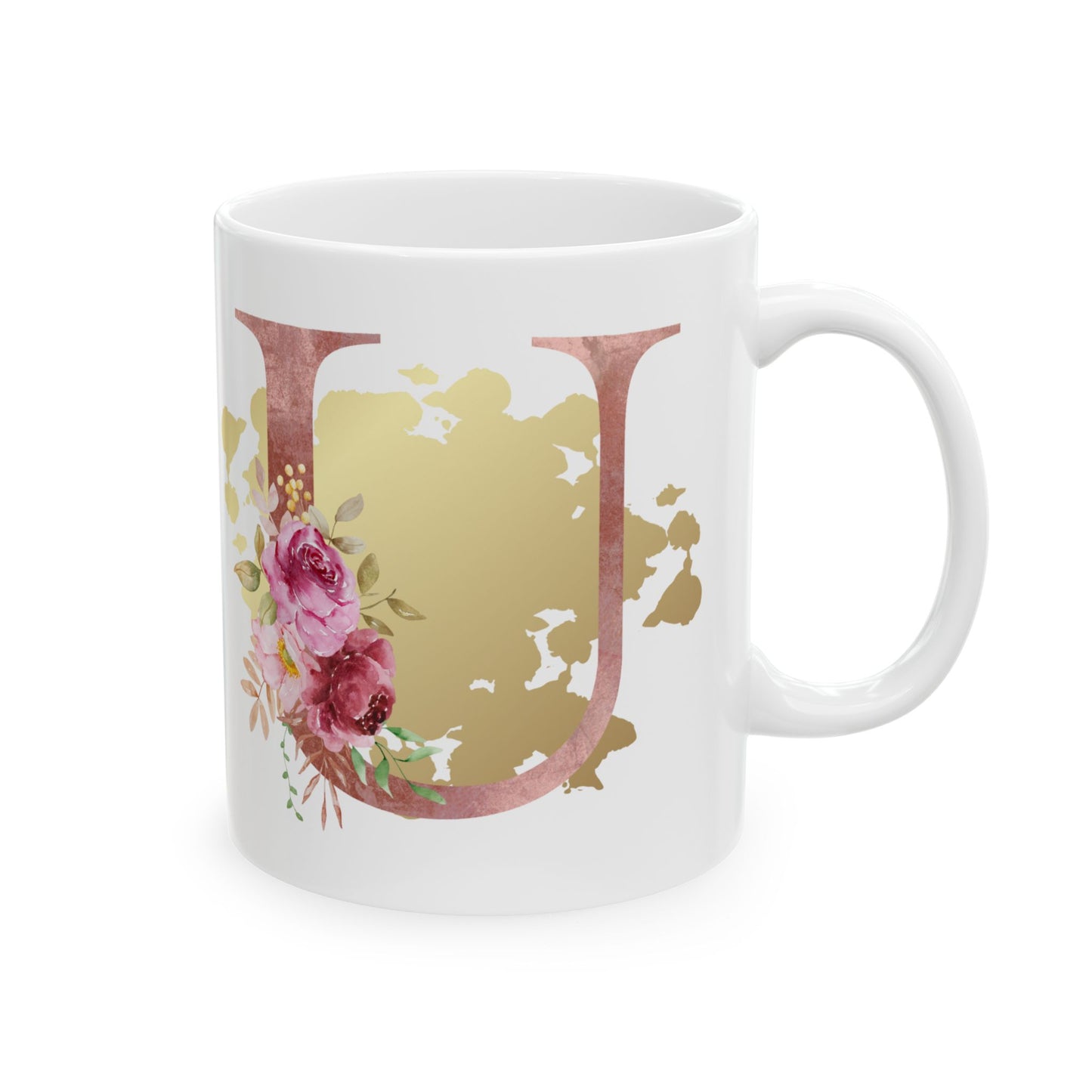 Ceramic Mug, (11oz) - Letter "U" Initial Pink Flower Gold Splash