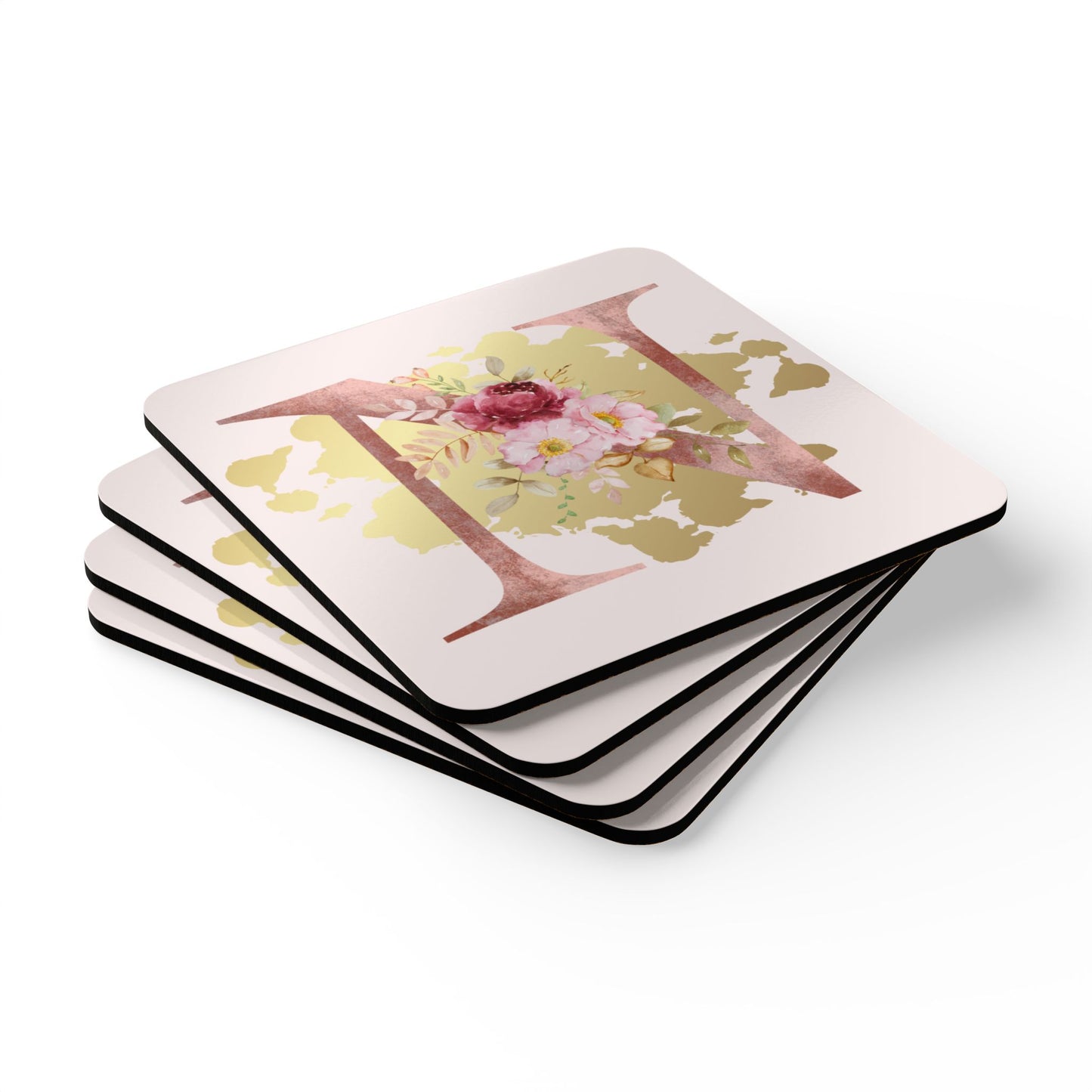 Coaster Set of 4 - Letter "N" Initial Pink Flower Gold Splash