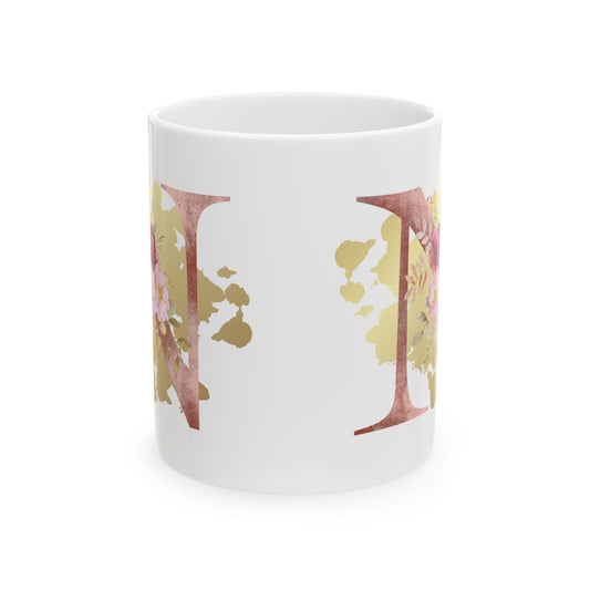 Ceramic Mug, (11oz) - Letter "N" Initial Pink Flower Gold Splash