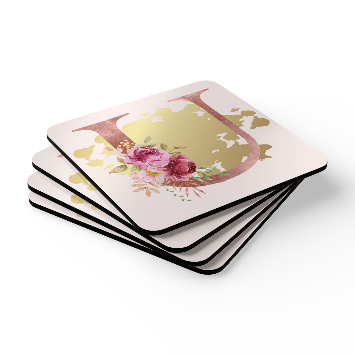 Coaster Set of 4 - Letter "U" Initial Pink Flower Gold Splash