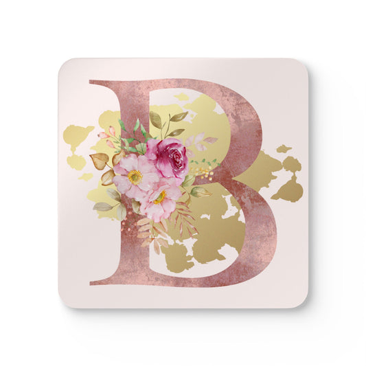 Coaster Set of 4 - Letter "B" Initial Pink Flower Gold Splash