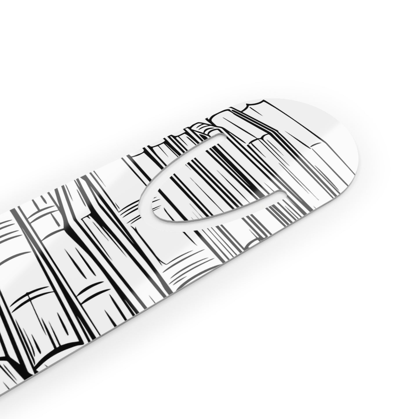 Metal Bookmark, black and white bookmark, stack of books, illustrated bookmark