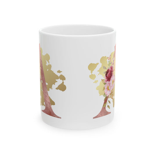 Ceramic Mug, (11oz) - Letter "A" Initial Pink Flower Gold Splash