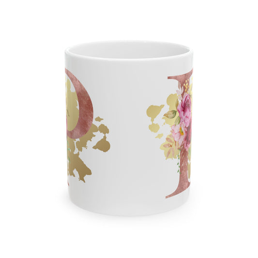 Ceramic Mug, (11oz) - Letter "P" Initial Pink Flower Gold Splash