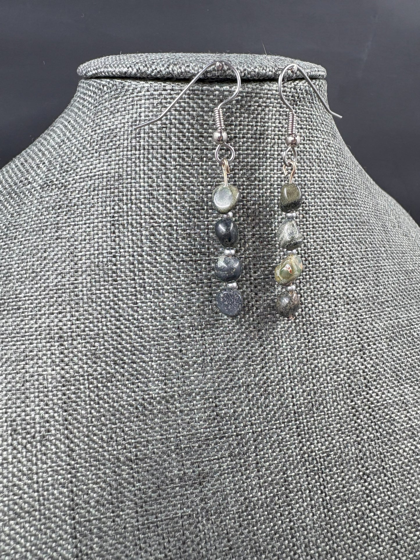 Dark Green Strand Silver Earrings