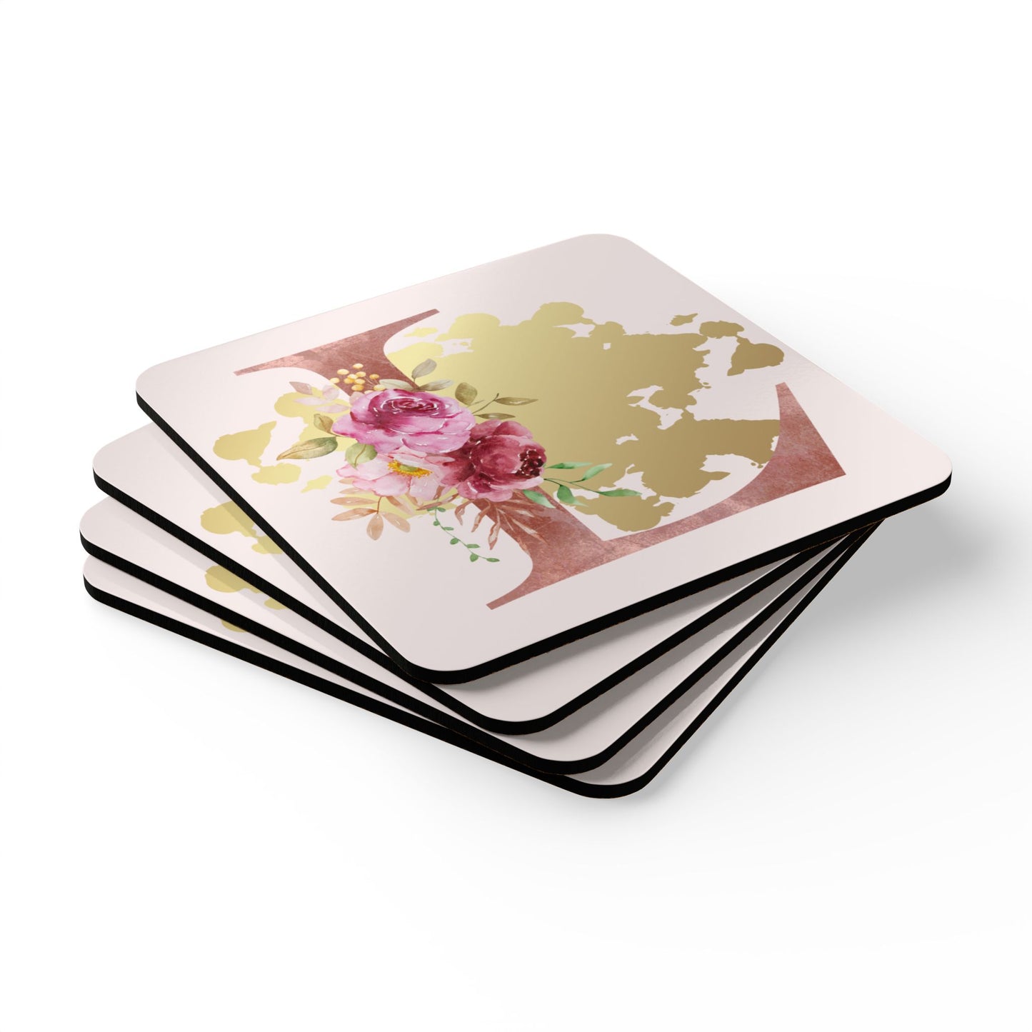 Coaster Set of 4 - Letter "L" Initial Pink Flower Gold Splash