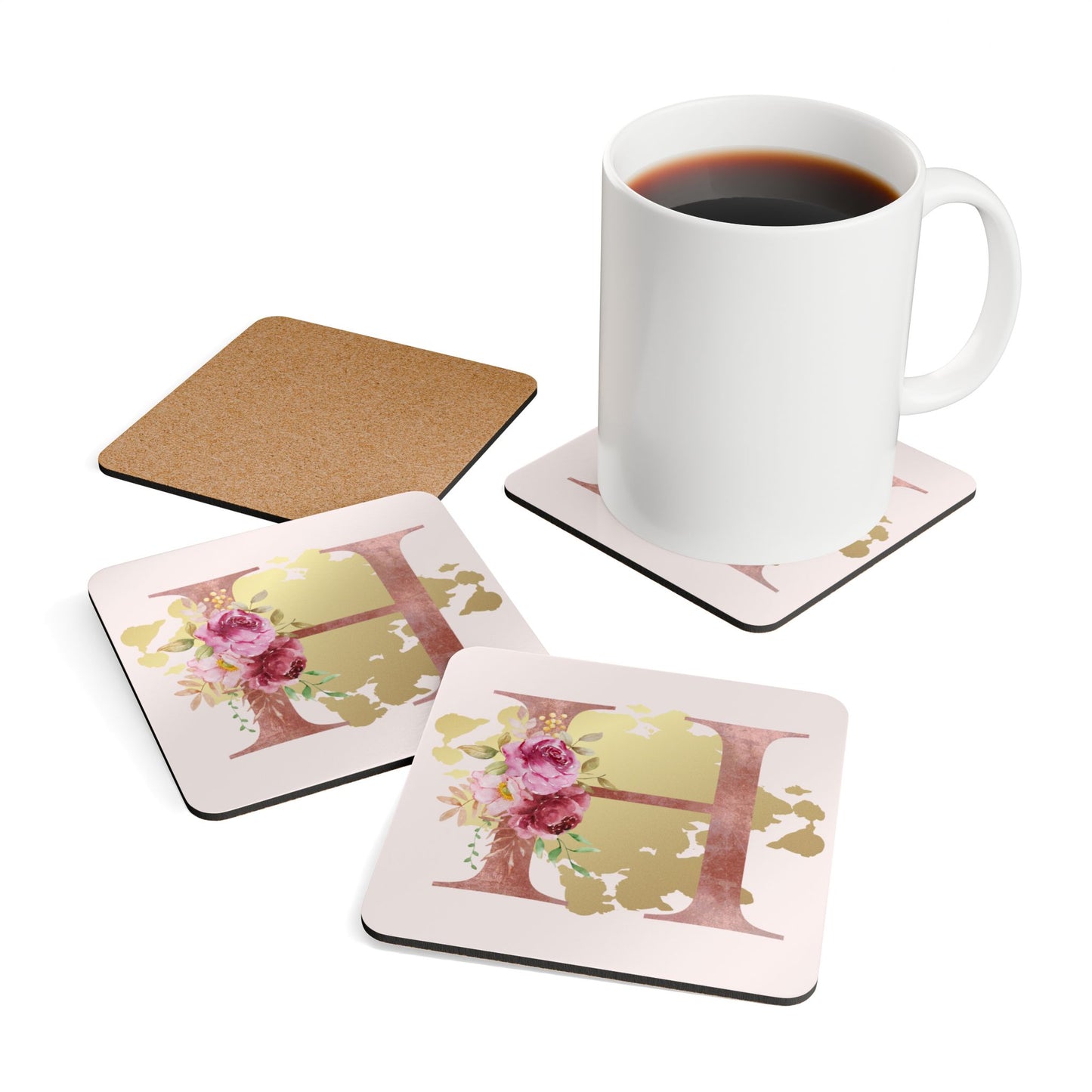 Coaster Set of 4 - Letter "H" Initial Pink Flower Gold Splash