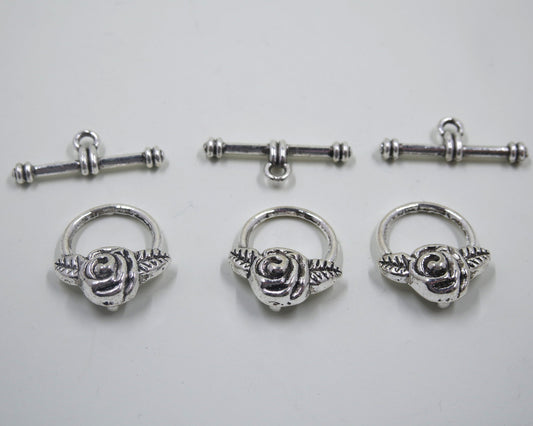 Rose Flower Toggle Clasp Antique Silver Tone