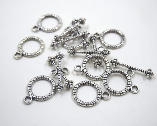Textured Circle Toggle Clasp Antique Silver Tone