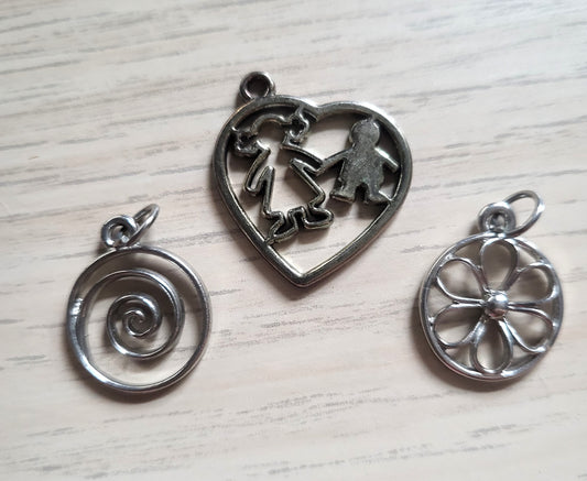 3 Silver Pendants Swirl Flower People Charms