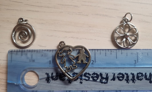 3 Silver Pendants Swirl Flower People Charms