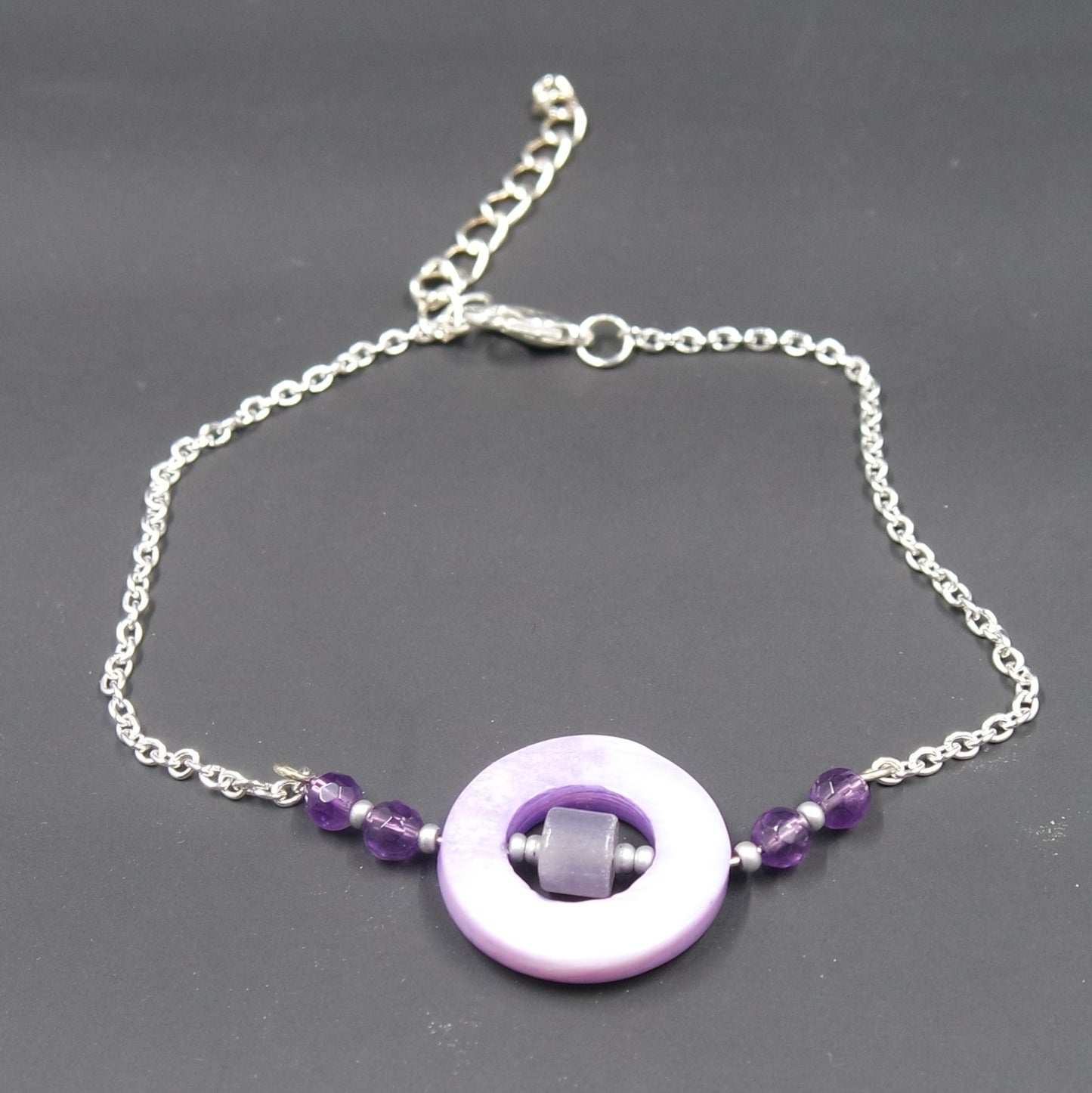 Unique Boho Purple Bead Adjustable Silver Chain Bracelet
