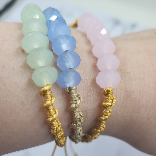Pastel Beads Pink Blue Green Macrame Cord Knotted Bracelet Set