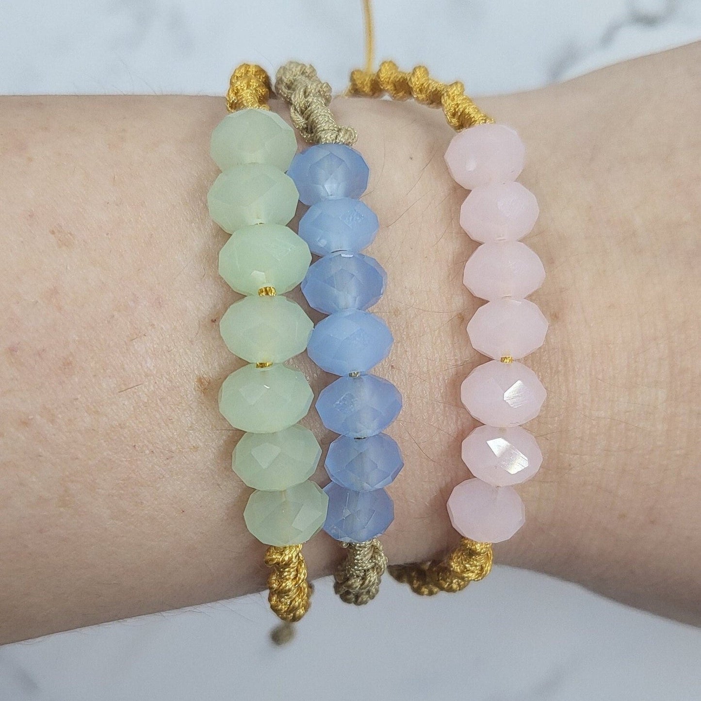 Pastel Beads Pink Blue Green Macrame Cord Knotted Bracelet Set
