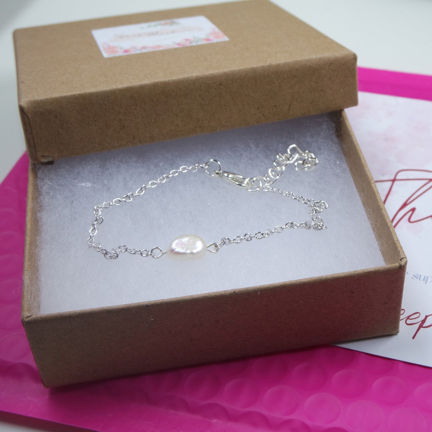 Faux Pearl Bead Silver Chain Bracelet