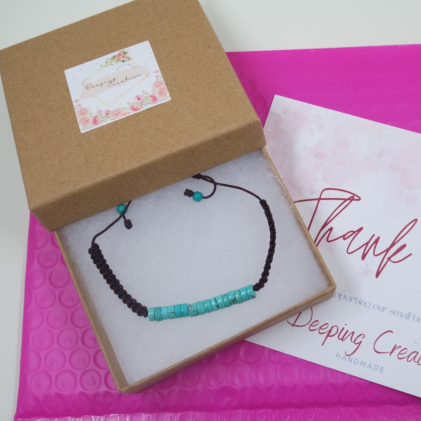 Turquoise Gemstone Coin Bead Macrame Knotted Adjustable Brown Cord Bracelet