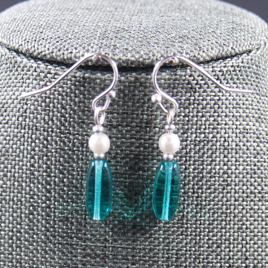 Elegant Blue Green Bead Dangle Silver Earrings