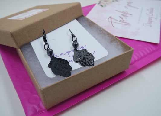black leaf feather bead metallic texture handmade dangle drop earrings
