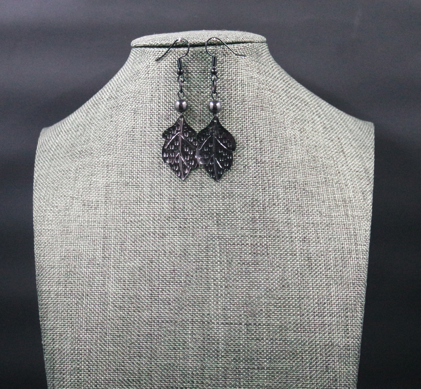 black leaf feather bead metallic texture handmade dangle drop earrings