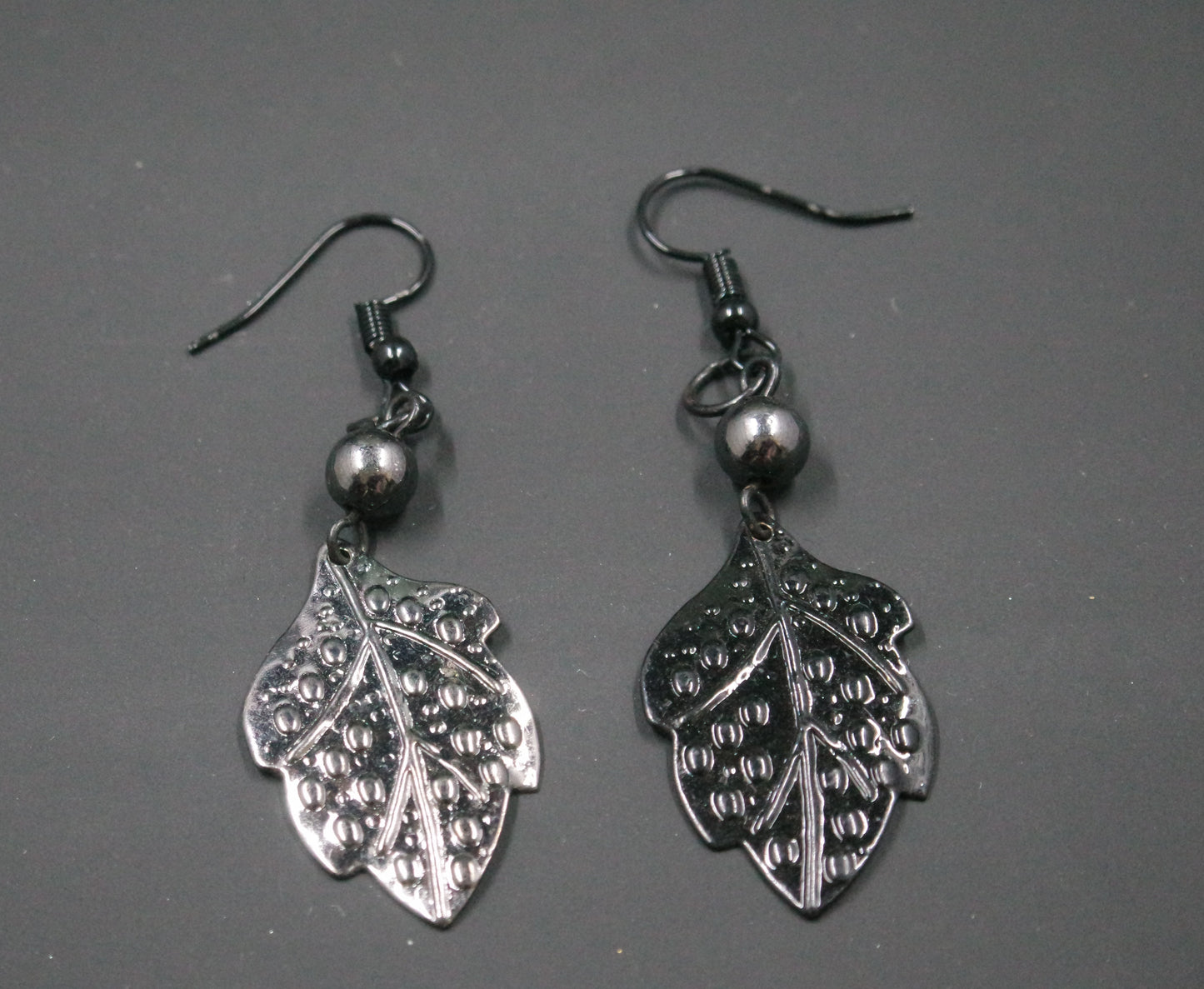 black leaf feather bead metallic texture handmade dangle drop earrings