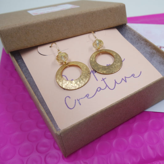 Earrings Hammered Textured Brass Circle Sparkle Bead Gold Plated Ear Wire