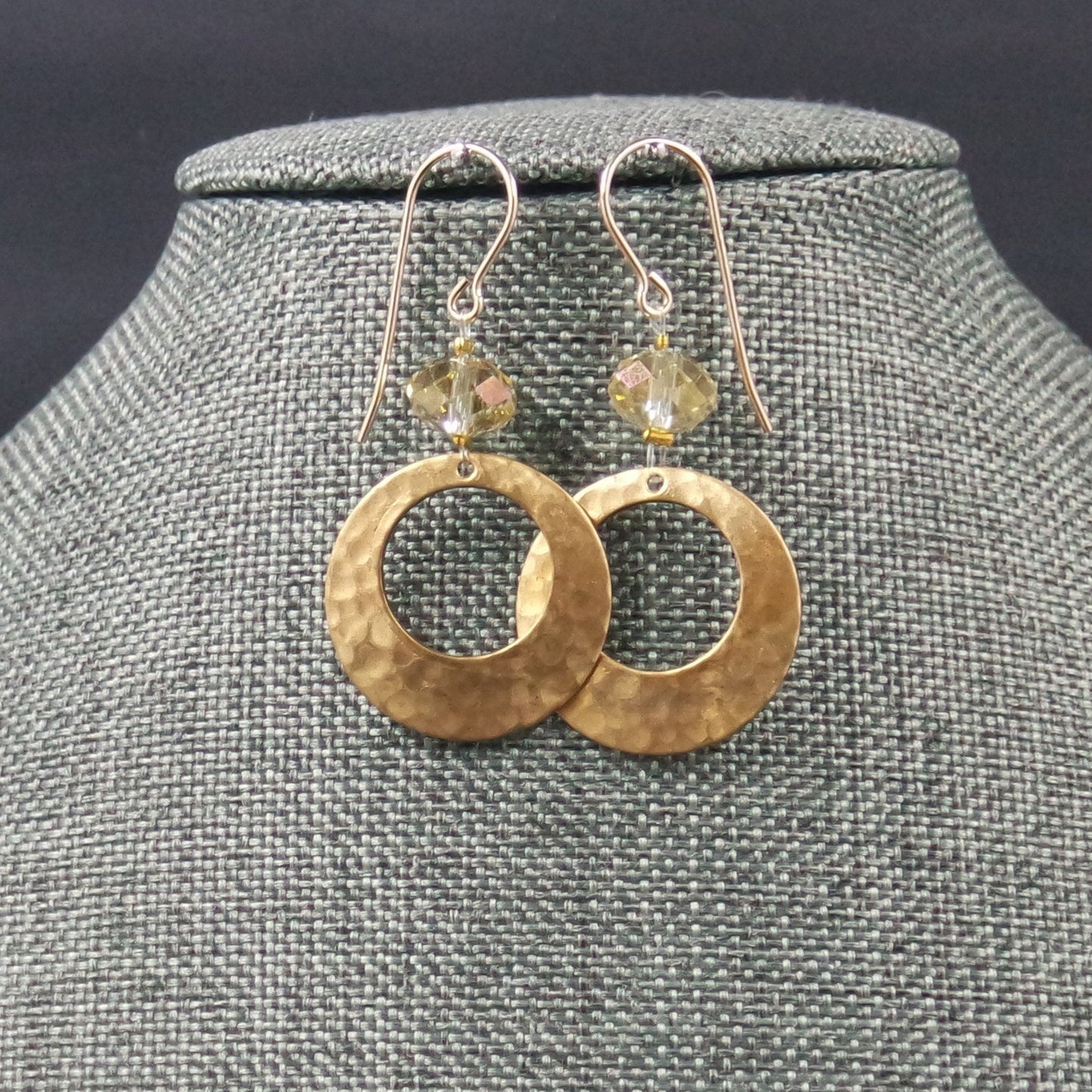 Earrings Hammered Textured Brass Circle Sparkle Bead Gold Plated Ear Wire