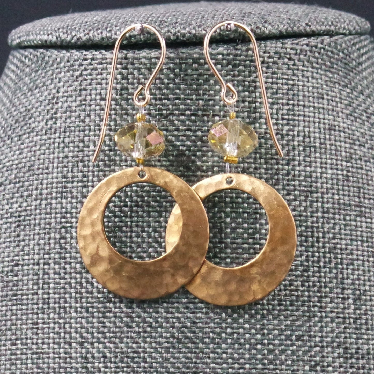 Earrings Hammered Textured Brass Circle Sparkle Bead Gold Plated Ear Wire