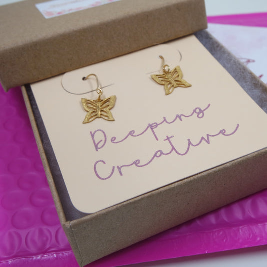 Dainty Brass Gold Filigree Butterfly Dangle Drop Hook Handmade Earrings