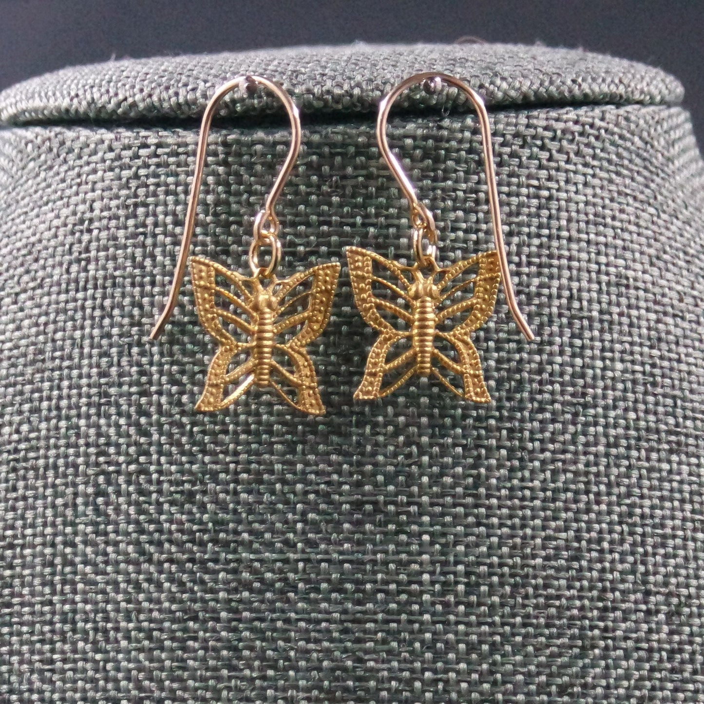 Dainty Brass Gold Filigree Butterfly Dangle Drop Hook Handmade Earrings