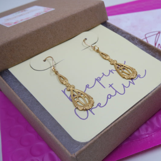Filigree Brass Gold Art Deco Dangle Earrings - Design A